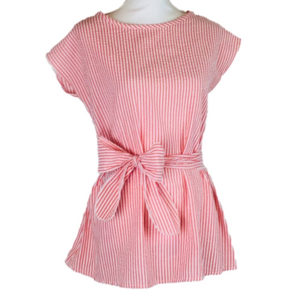 Small Seersucker Striped Belted Waist Blouse Top